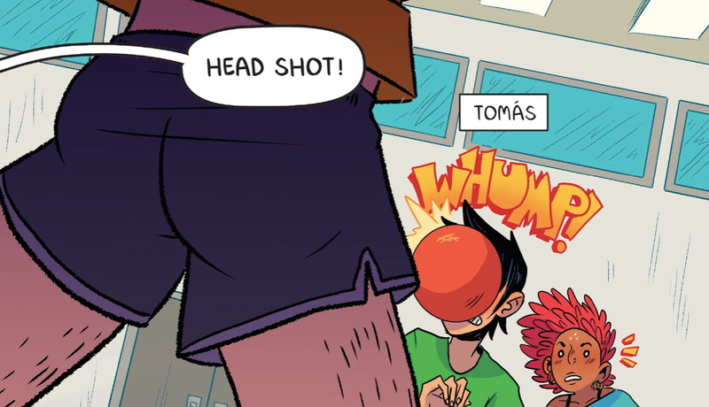 From left to right: Casey’s butt, Tomás getting hit by a dodgeball, and Drew.